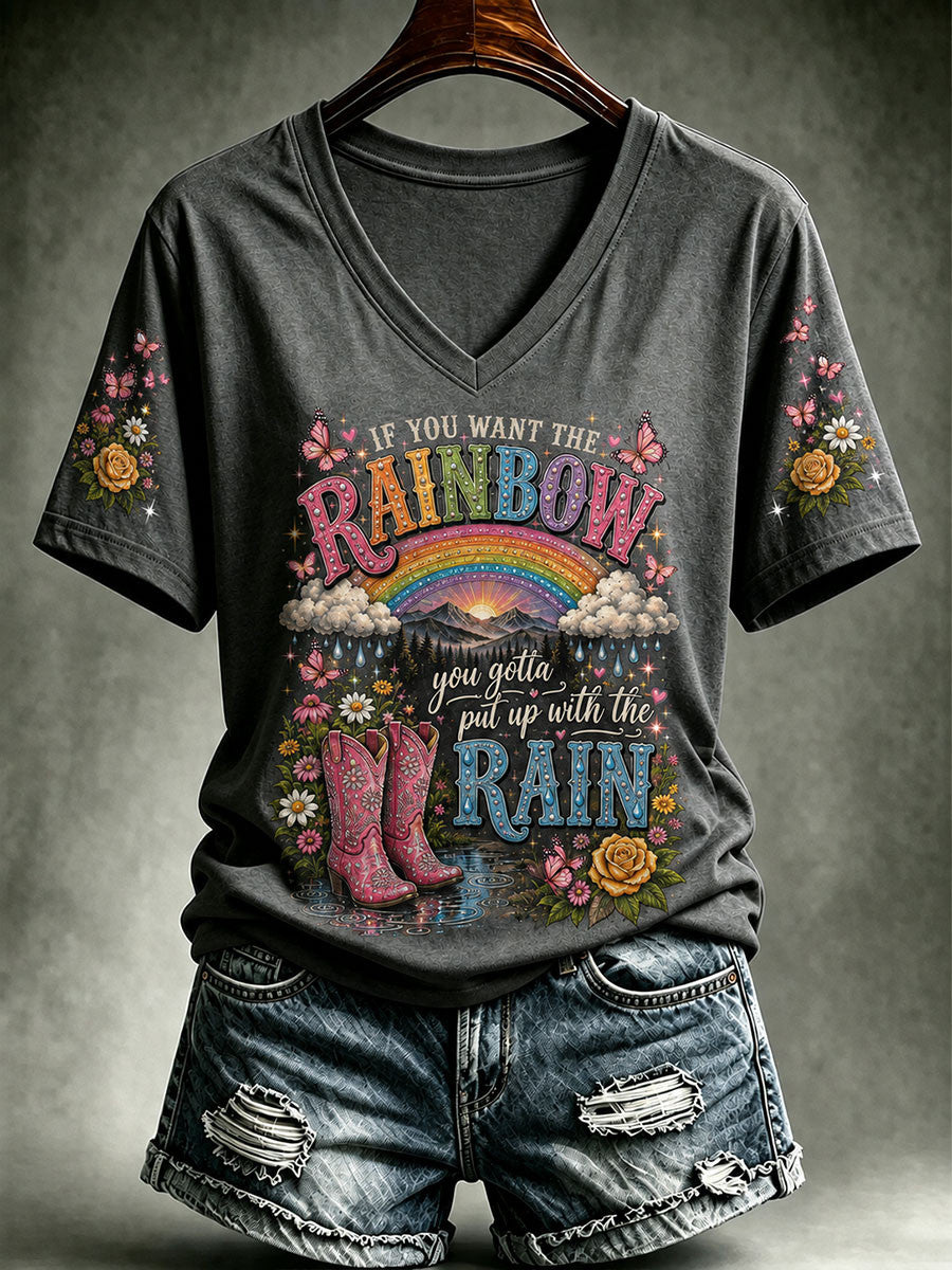 If You Want The Rainbow You Gotta Put Up With The Rain V-Neck Shirt Dolly Parton Memorial Gifts - Merchluma