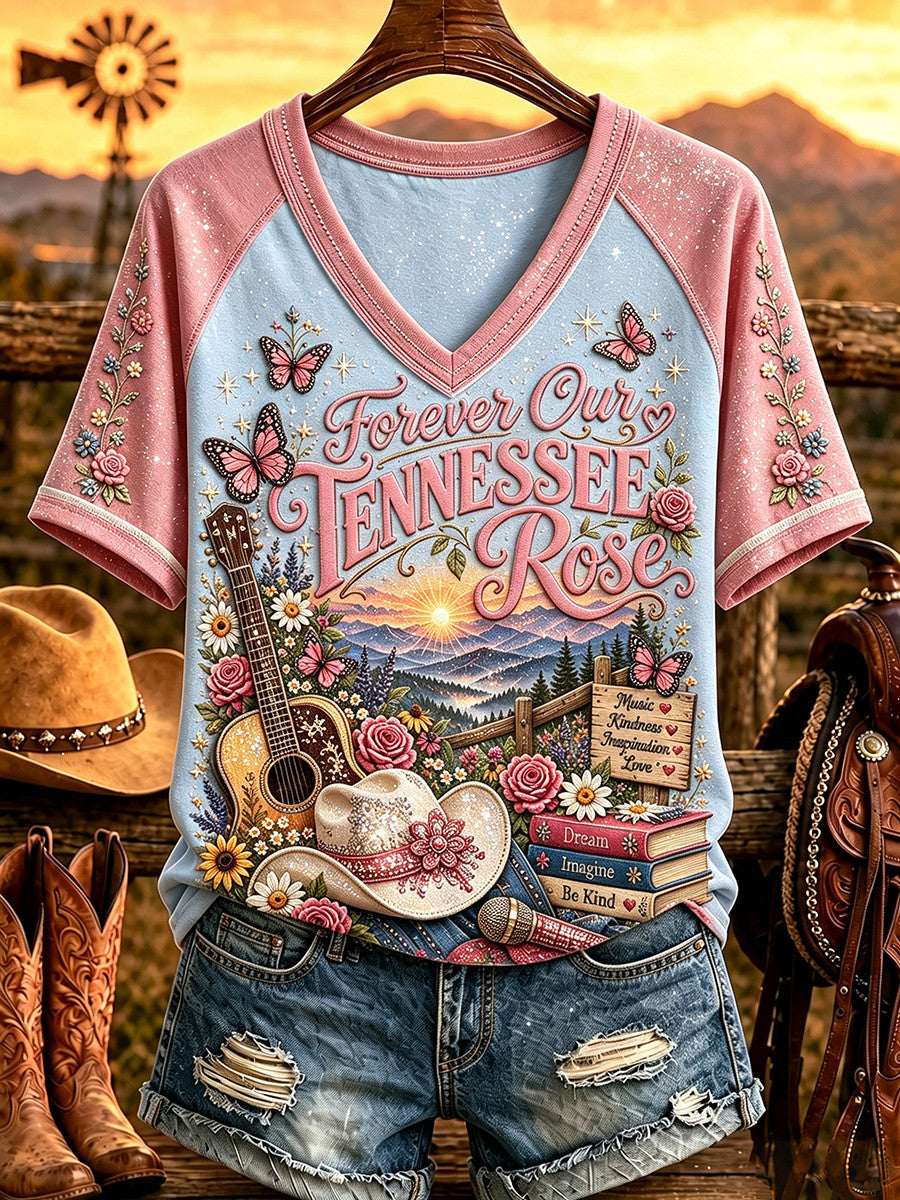 RIP Dolly Parton Merch Forever Out Tennessee Rose V-Neck Shirt Memorial Gift For Women - Merchluma