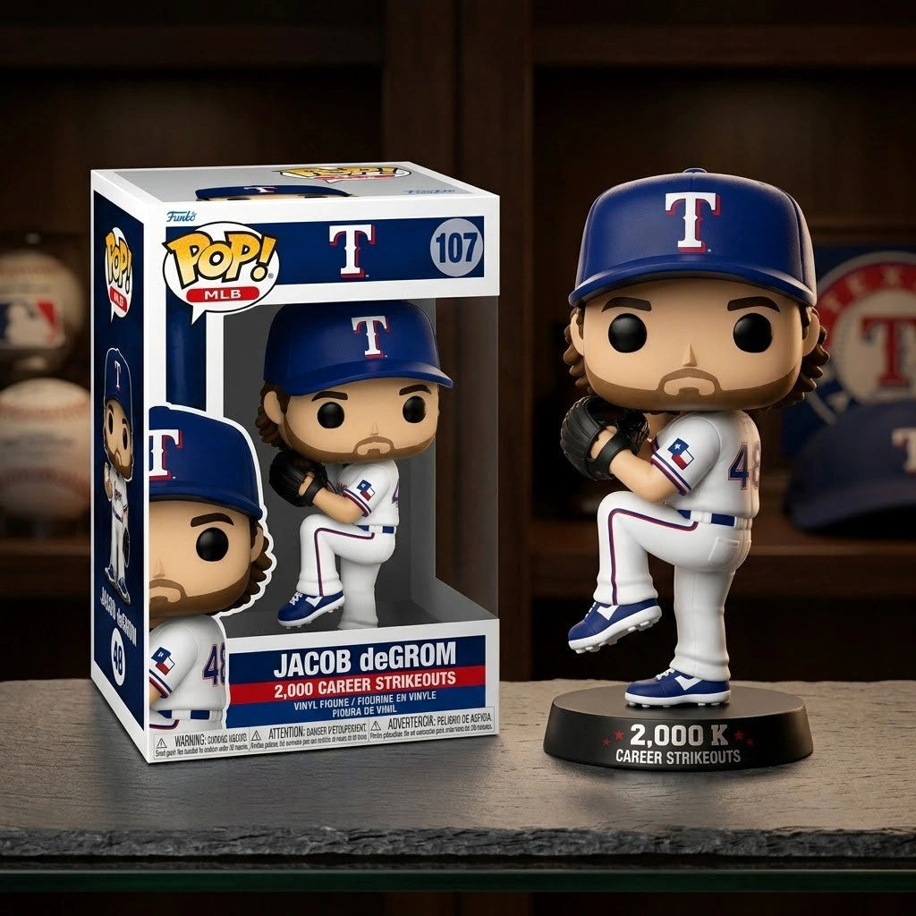 JJacob deGrom Texas Rangers 2000 Strikeouts Pitching Pose Funko Pop Rangers Merch Decor Gifts - Merchluma