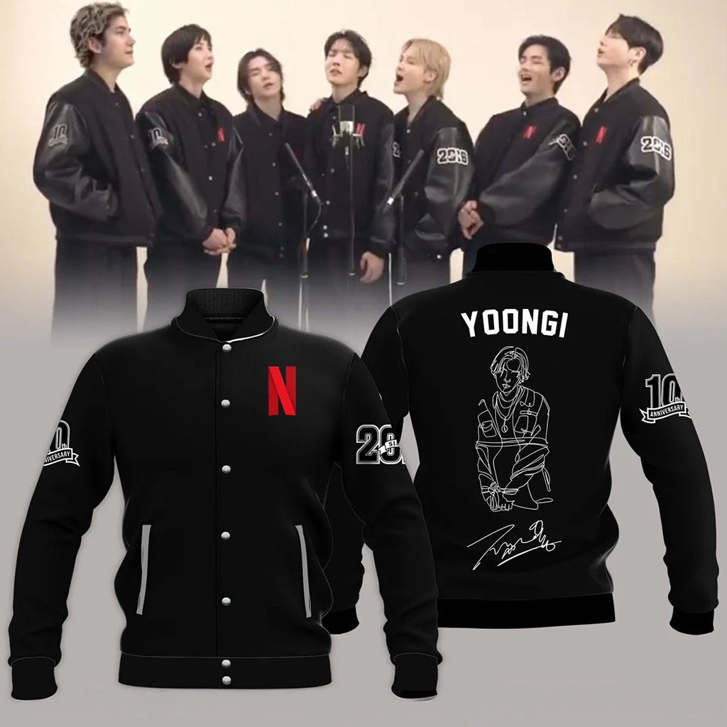 BTS Yoongi Suga 10th Anniversary Baseball Jacket Signature Kpop Idol Suga Merch BTS Fan Gifts - Merchluma