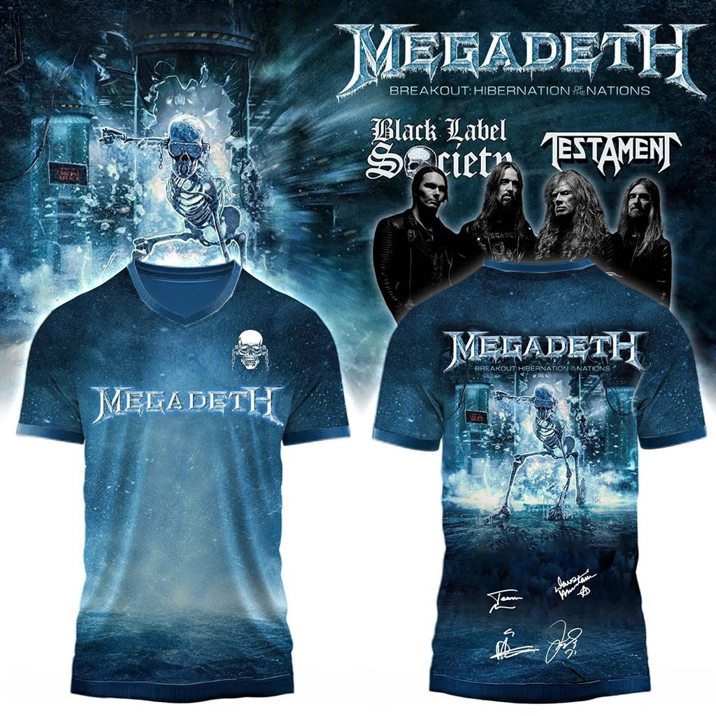 Megadeth Merch Breakout Hibernation Of The Nations Skull V-Neck Shirt Heavy Metal Fan Gifts - Merchluma