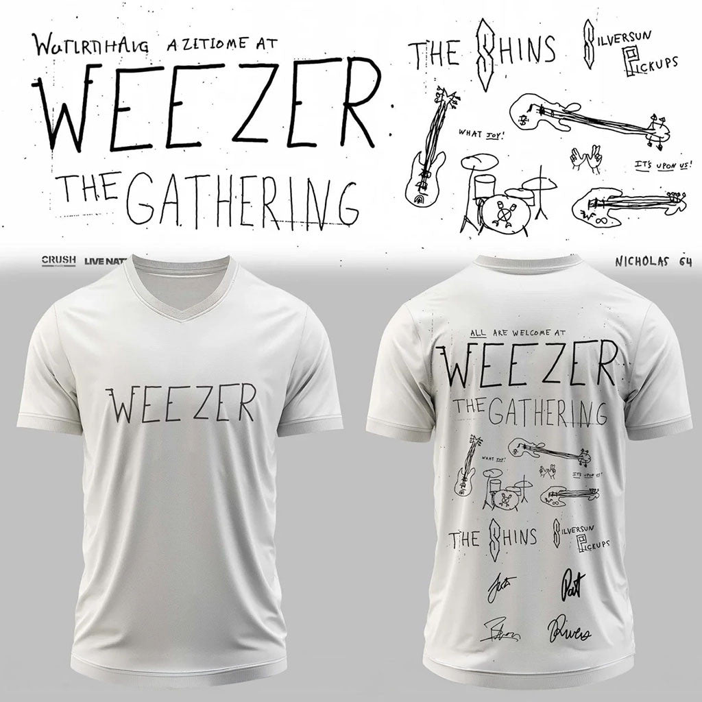 Weezer The Gathering World Wide Signature V-Neck Shirt White Weezer Merch Gifts For Rock Lovers - Merchluma