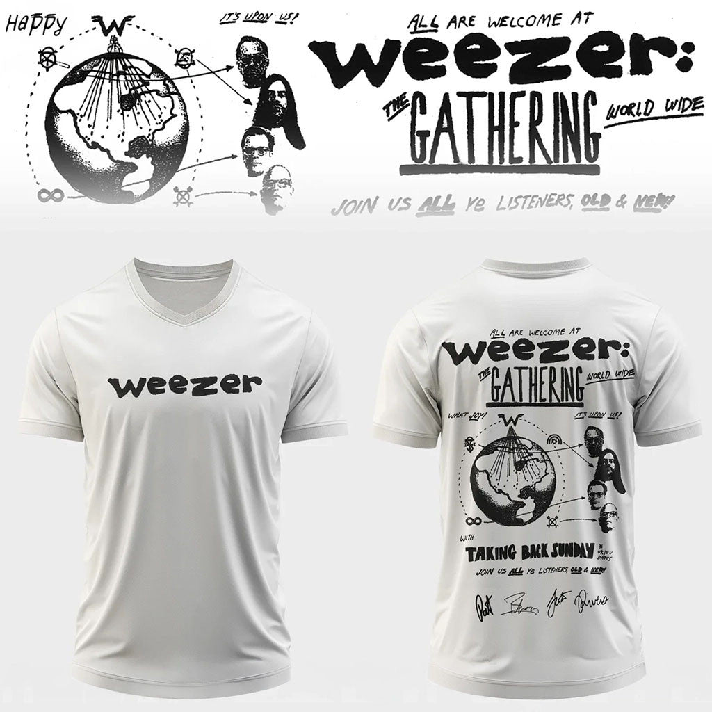 Weezer The Gathering World Wide Signature V-Neck T-Shirt Weezer Merch Rock Fan Gifts - Merchluma