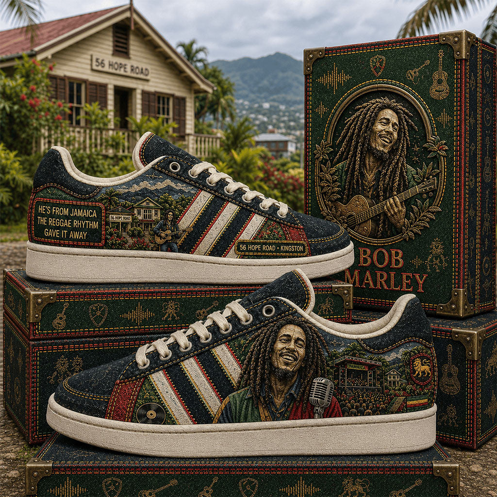 Bob Marley He's From Jamaica The Reggae Rhythm Gave It Away Shoes Bob Marley Merch Fan Gifts - Merchluma