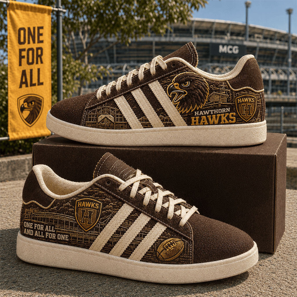 Hawthorn Hawks One For All And All For One Shoes Sneakers Hawthorn Hawks Merch Fan Gifts - Merchluma
