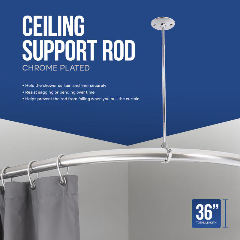 36" Chrome Metal Shower Rod with Ceiling Support for Tubs
