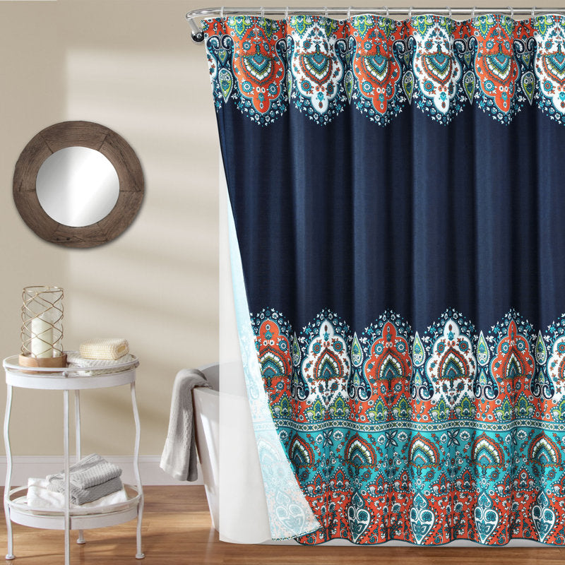 Bohemian Paisley Shower Curtain Set - Navy Floral Bathroom Decor