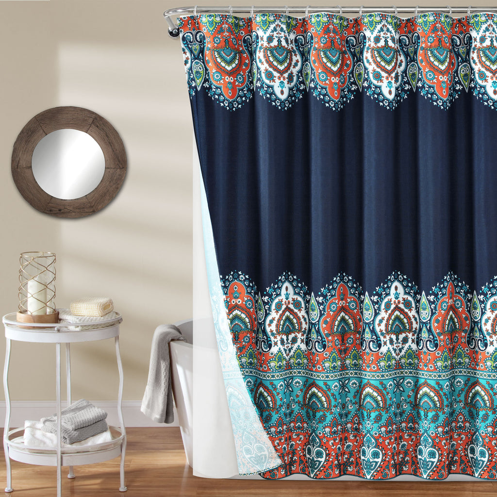 Bohemian Paisley Shower Curtain Set - Navy Floral Bathroom Decor