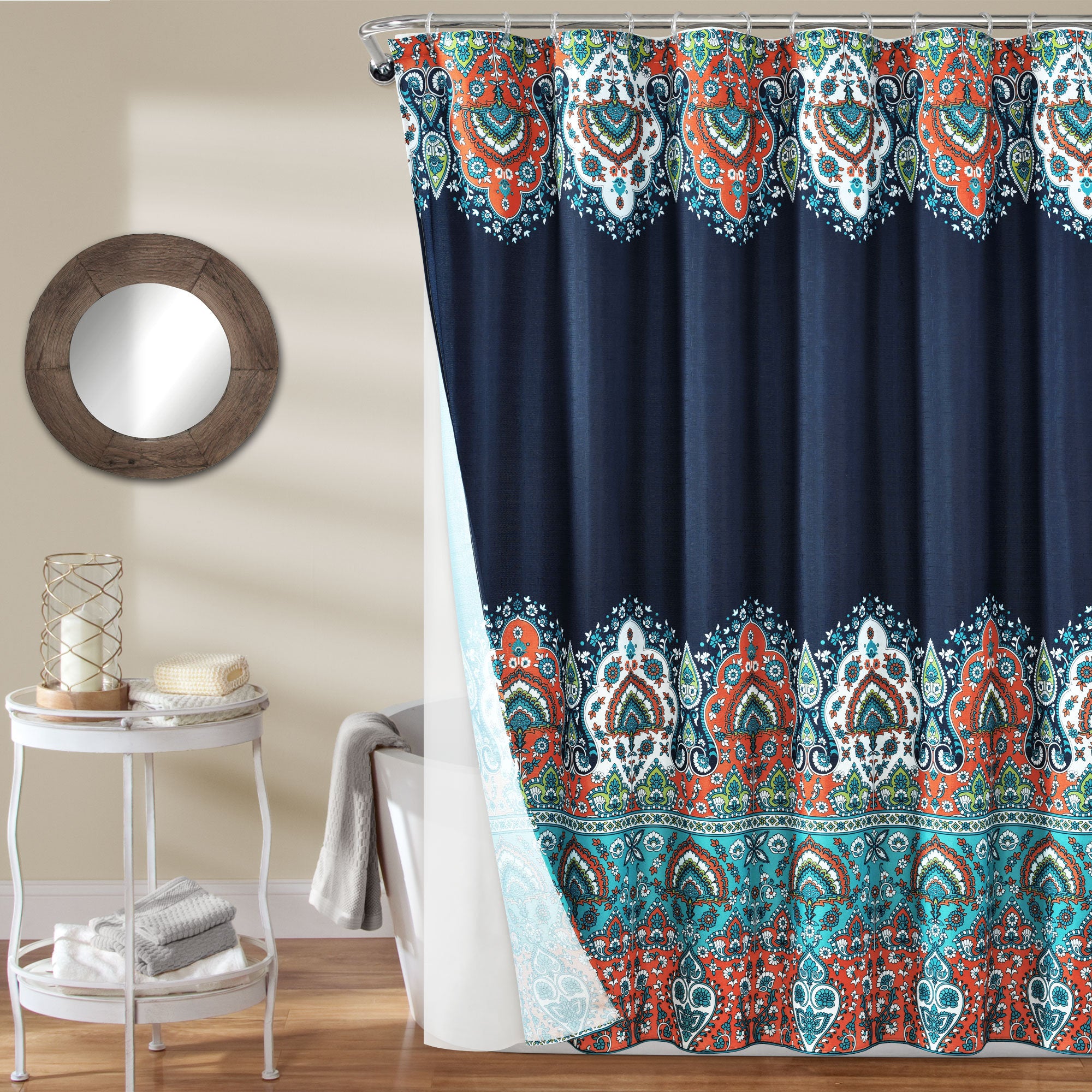 Bohemian Paisley Shower Curtain Set - Navy Floral Bathroom Decor