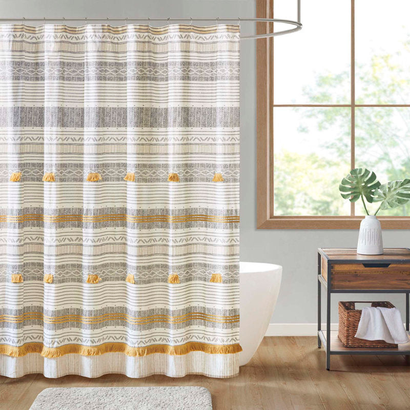 Cotton Striped Shower Curtain with Tassels - Boho Bathroom Decor