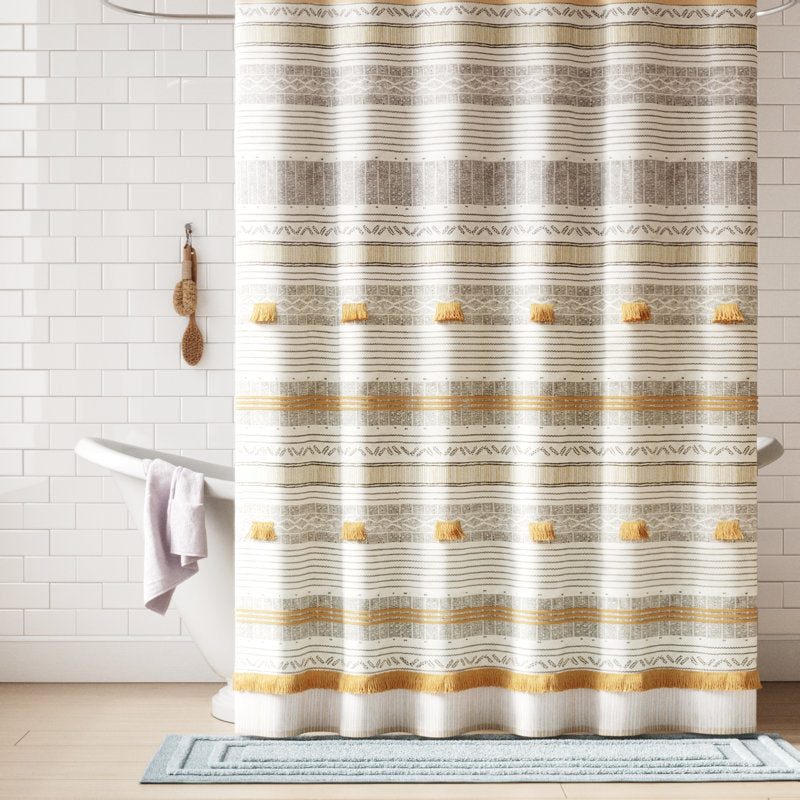Cotton Striped Shower Curtain with Tassels - Boho Bathroom Decor