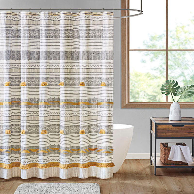Cotton Striped Shower Curtain with Tassels - Boho Bathroom Decor