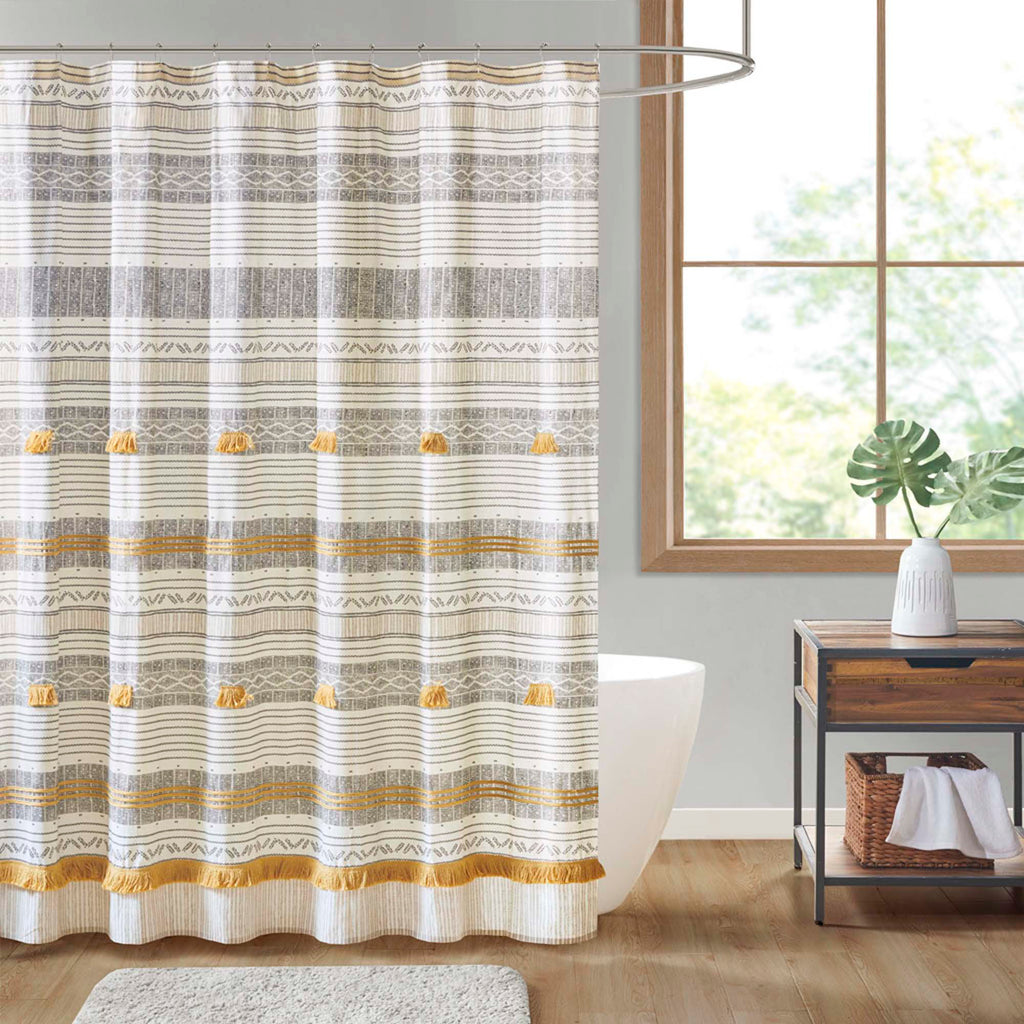 Cotton Striped Shower Curtain with Tassels - Boho Bathroom Decor
