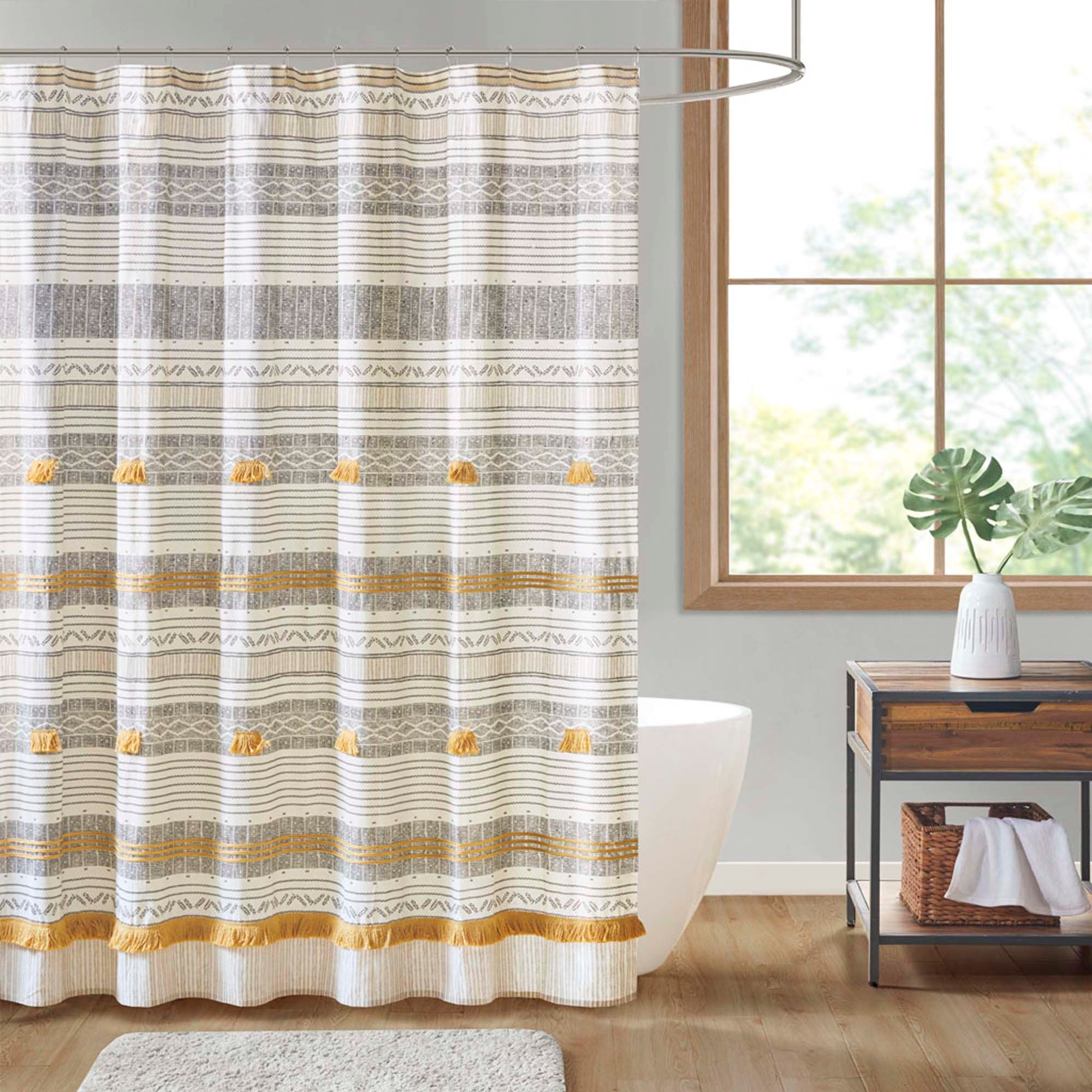 Cotton Striped Shower Curtain with Tassels - Boho Bathroom Decor
