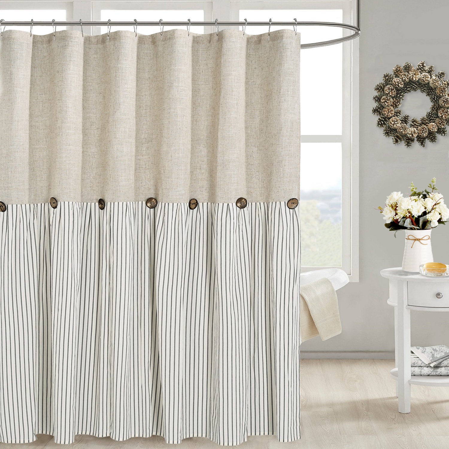 Farmhouse Striped Cotton Shower Curtain - Rustic Bathroom Decor