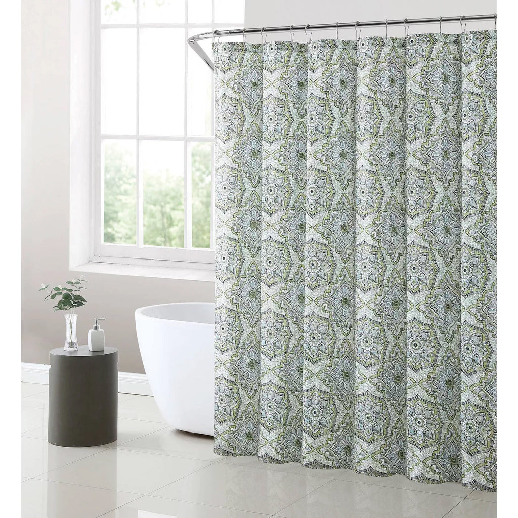 Medallion Fabric Shower Curtain - Sage & Gray Geometric Bathroom Decor