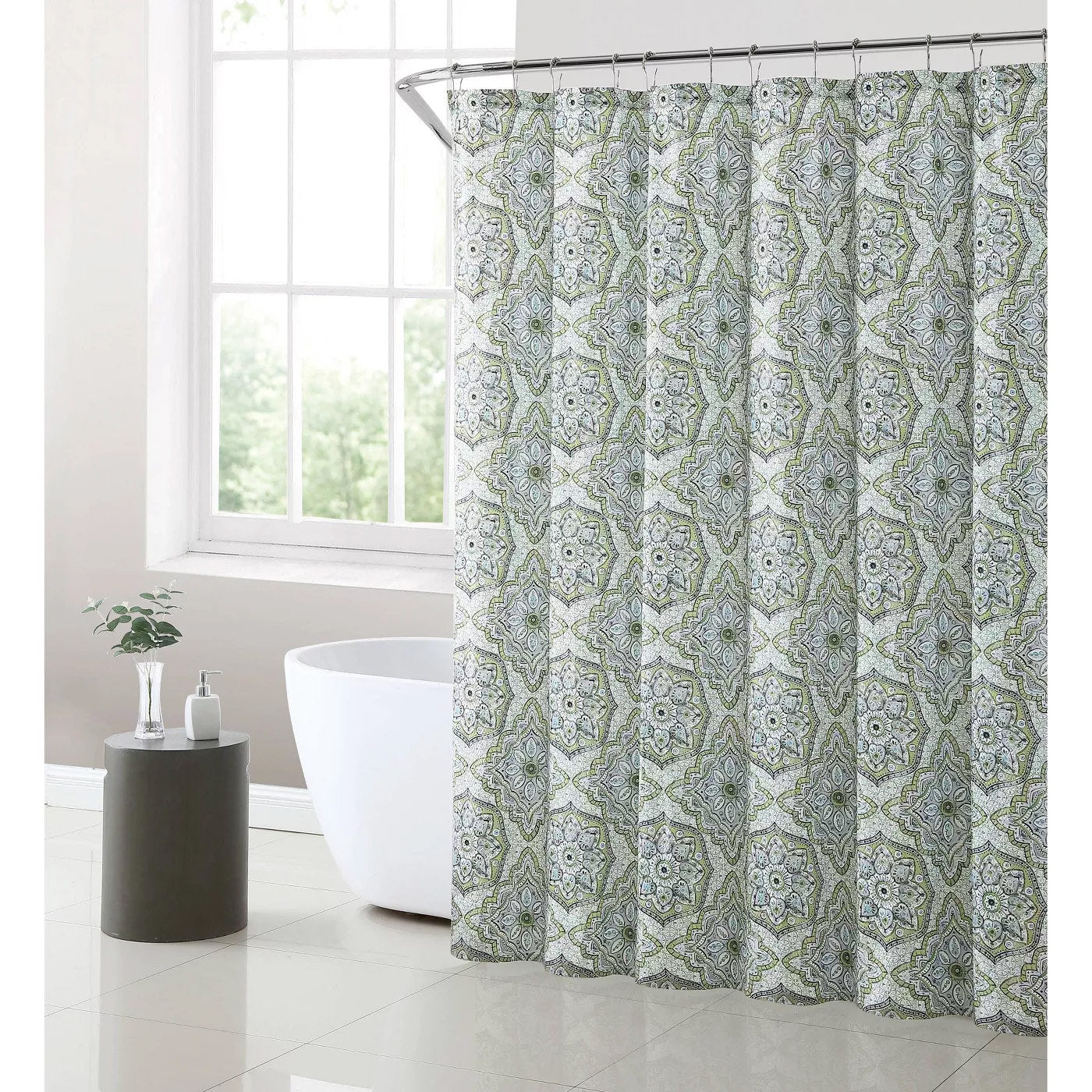 Medallion Fabric Shower Curtain - Sage & Gray Geometric Bathroom Decor