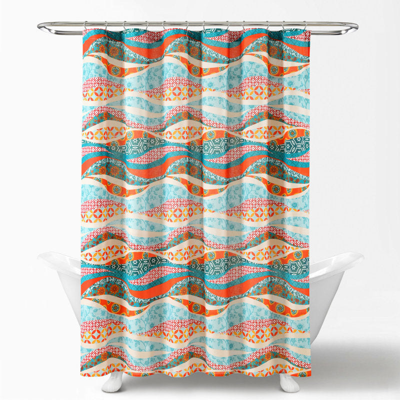 Cotton Geometric Shower Curtain - Boho Watercolor Wave Bathroom Decor