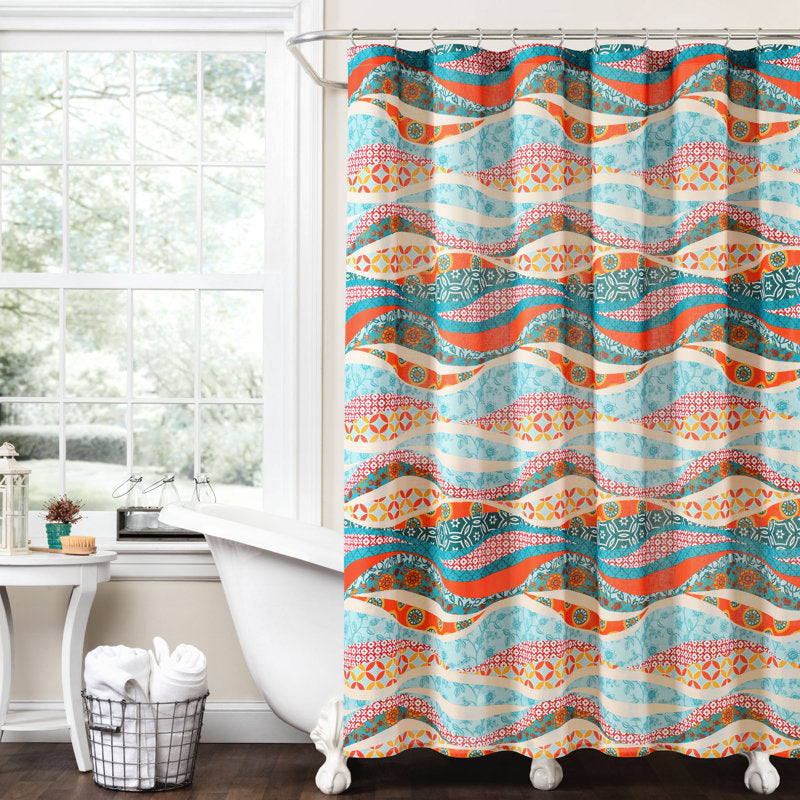 Cotton Geometric Shower Curtain - Boho Watercolor Wave Bathroom Decor