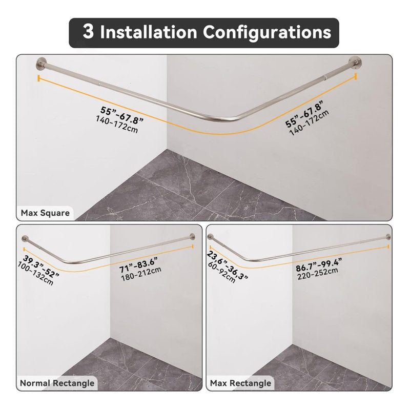 L-Shaped Corner Shower Rod - Brushed Nickel Heavy Duty Adjustable