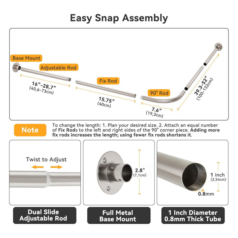 L-Shaped Corner Shower Rod - Brushed Nickel Heavy Duty Adjustable