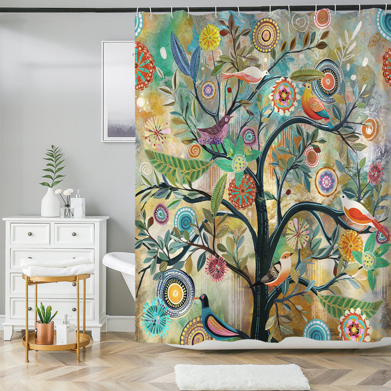 Floral Fabric Shower Curtain with Hooks - Elegant Bathroom Decor