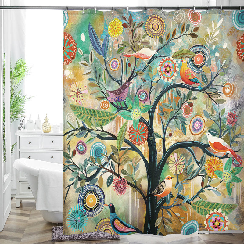 Floral Fabric Shower Curtain with Hooks - Elegant Bathroom Decor
