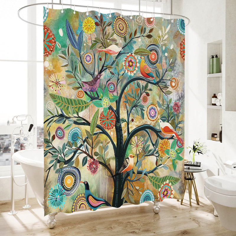 Floral Fabric Shower Curtain with Hooks - Elegant Bathroom Decor
