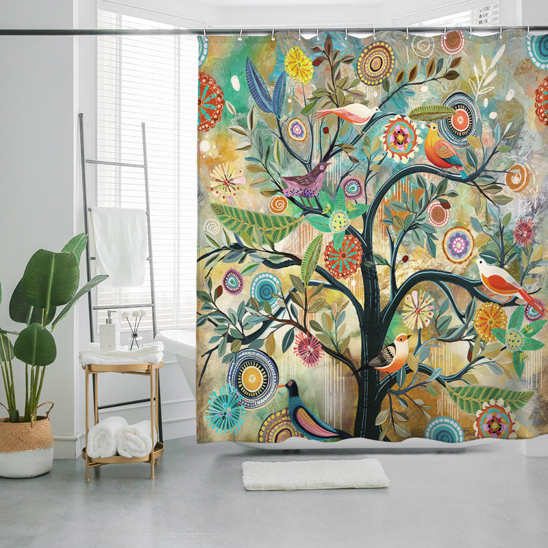 Floral Fabric Shower Curtain with Hooks - Elegant Bathroom Decor