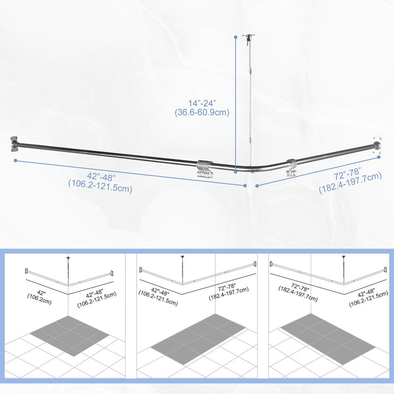 L-Shaped Adjustable Stainless Steel Corner Shower Rod with Support