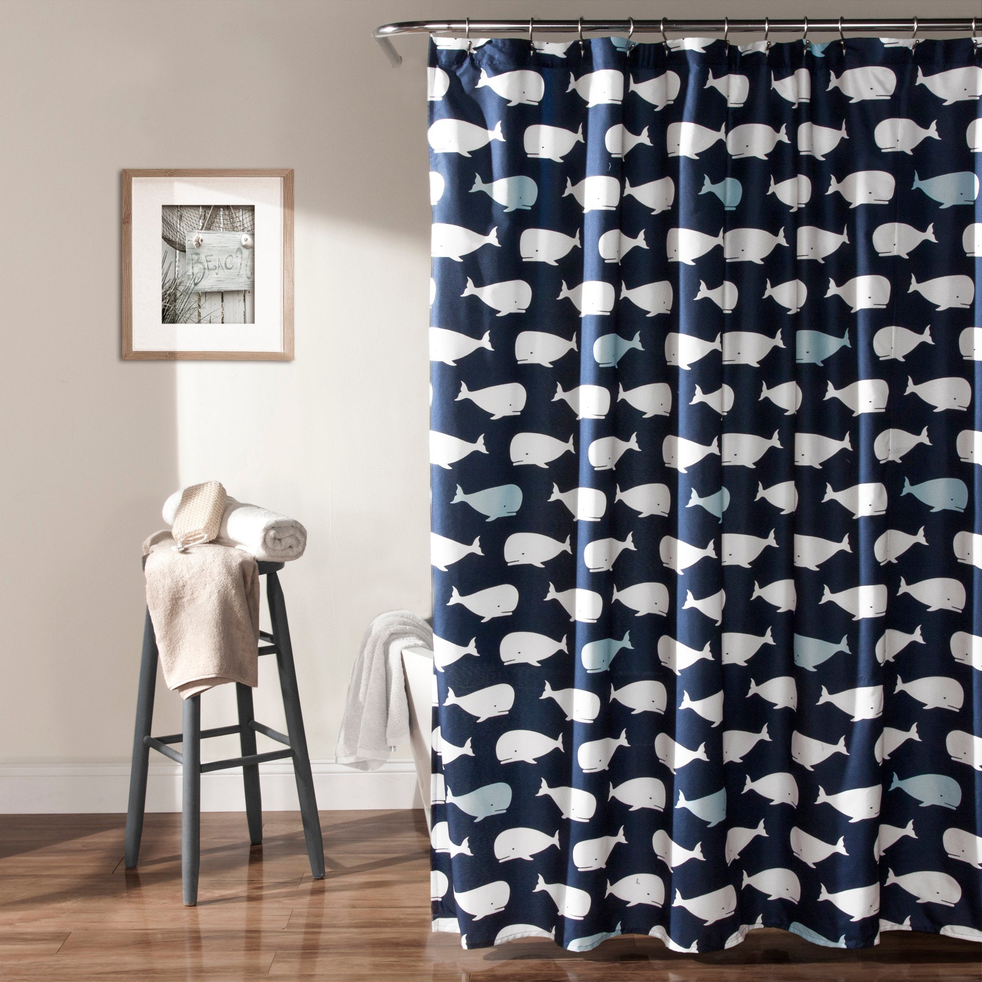 Whale Shower Curtain Coastal Microfiber for Kids & Guest Bathrooms