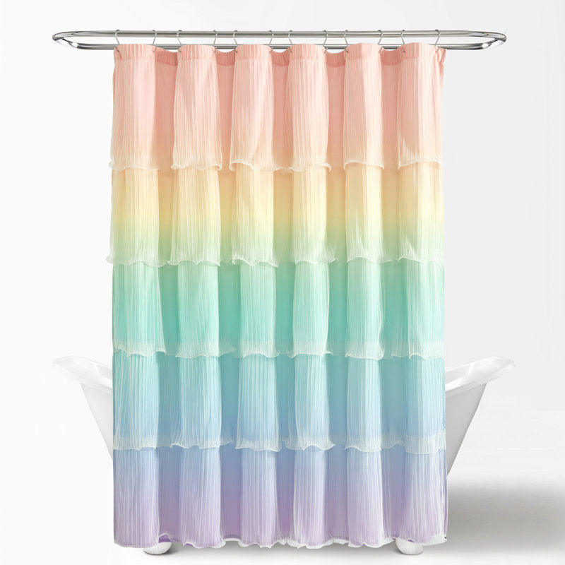 Rainbow Ombre Ruffled Shower Curtain - Microfiber Kids Bathroom Decor
