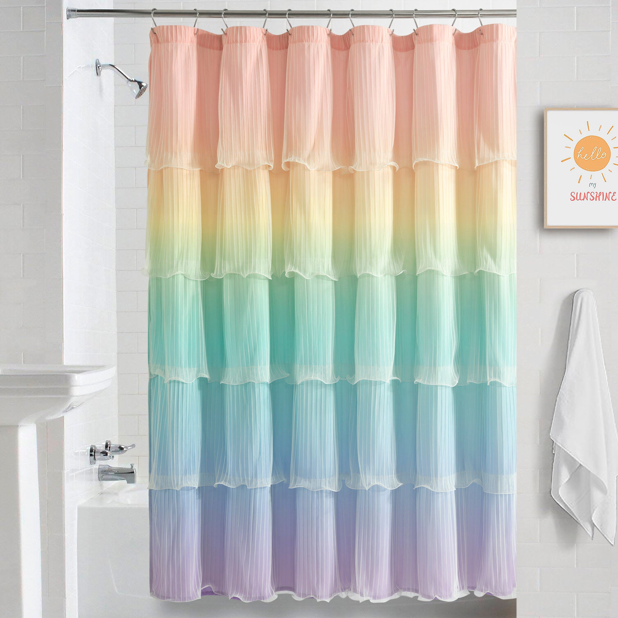 Rainbow Ombre Ruffled Shower Curtain - Microfiber Kids Bathroom Decor