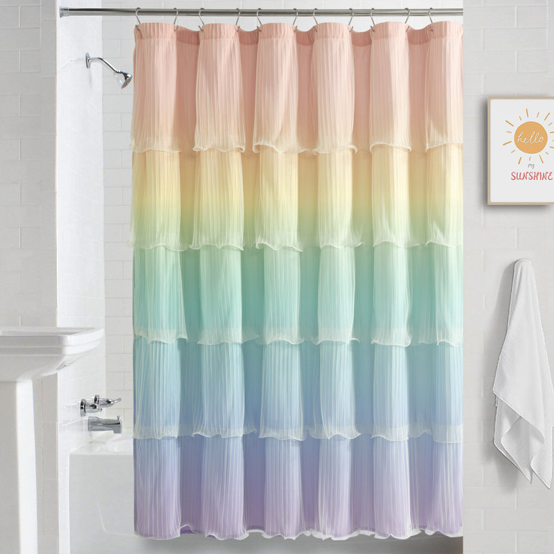 Rainbow Ombre Ruffled Shower Curtain - Microfiber Kids Bathroom Decor