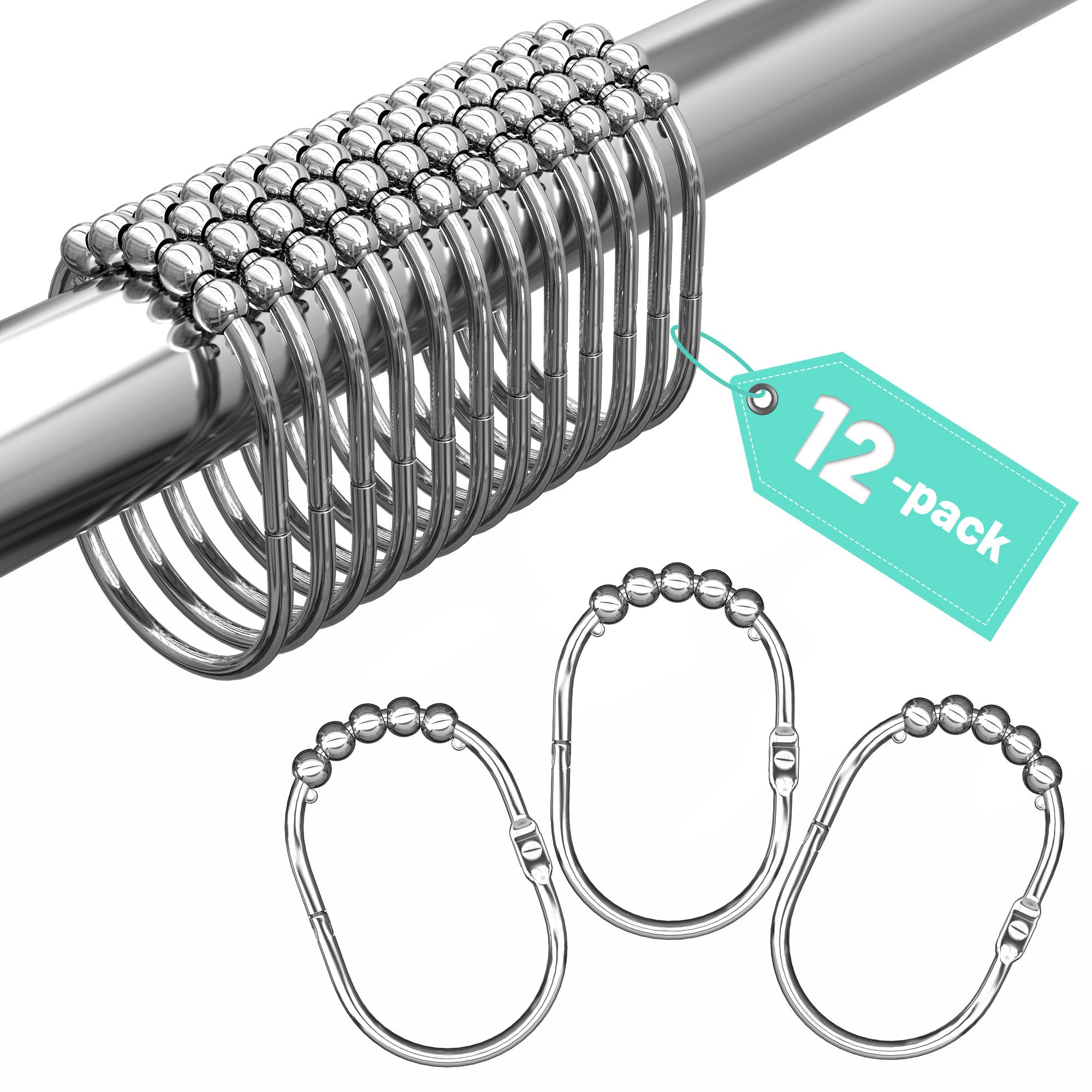 Stainless Steel Roller Ball Shower Curtain Hooks - Set of 12
