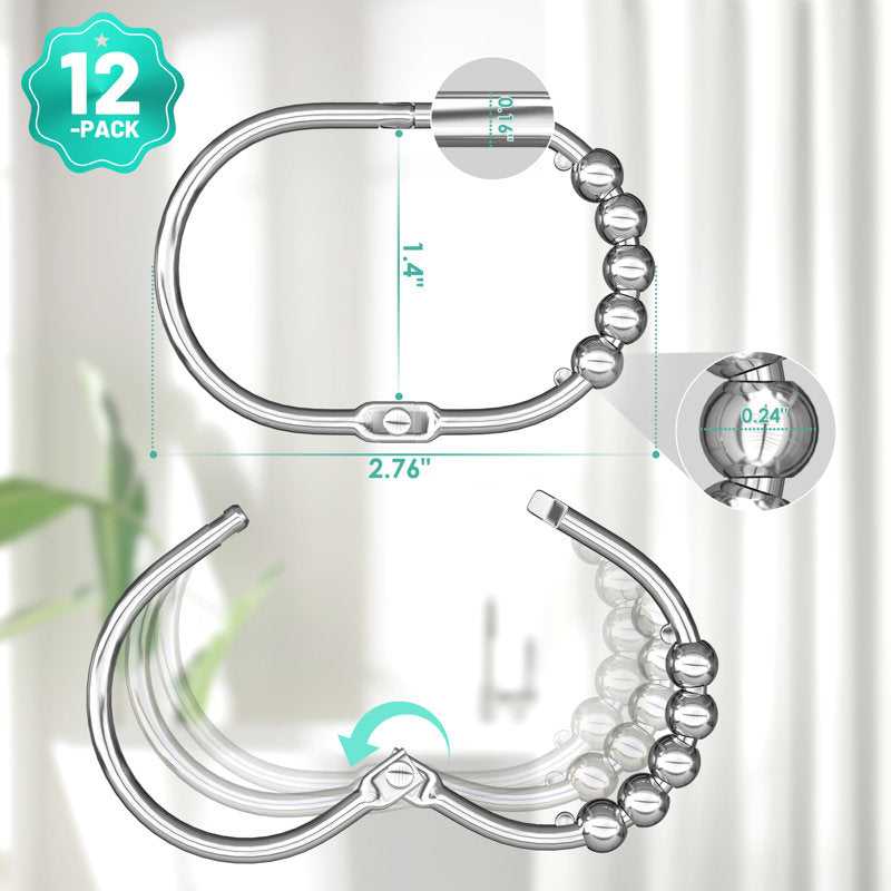 Stainless Steel Roller Ball Shower Curtain Hooks - Set of 12