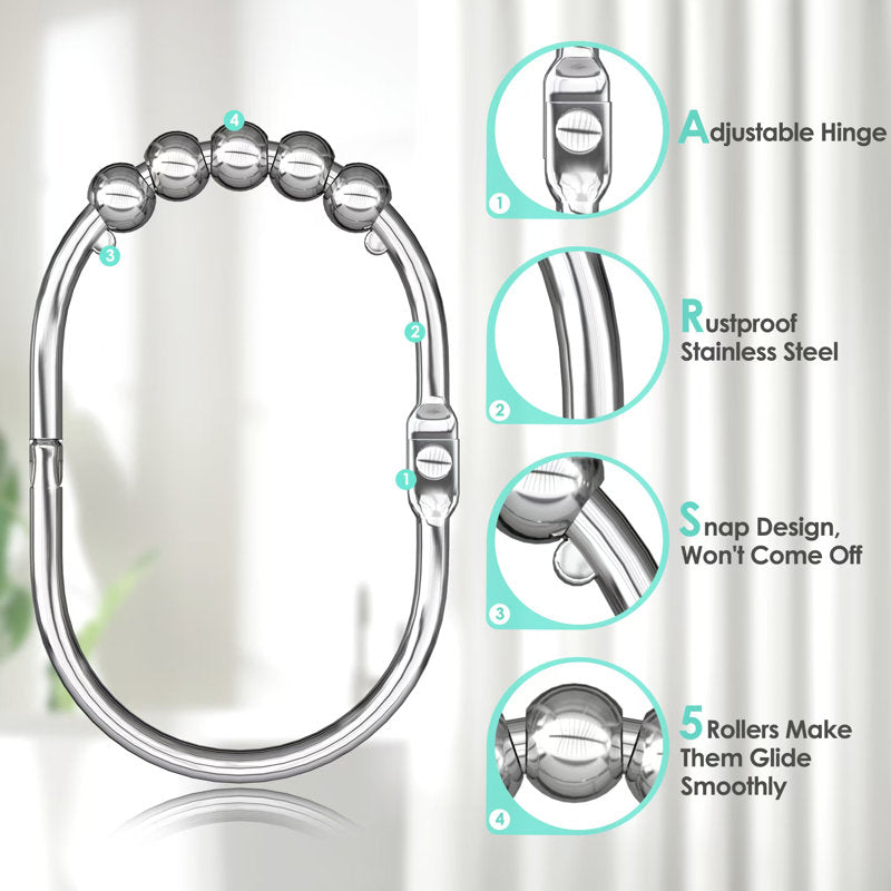 Stainless Steel Roller Ball Shower Curtain Hooks - Set of 12