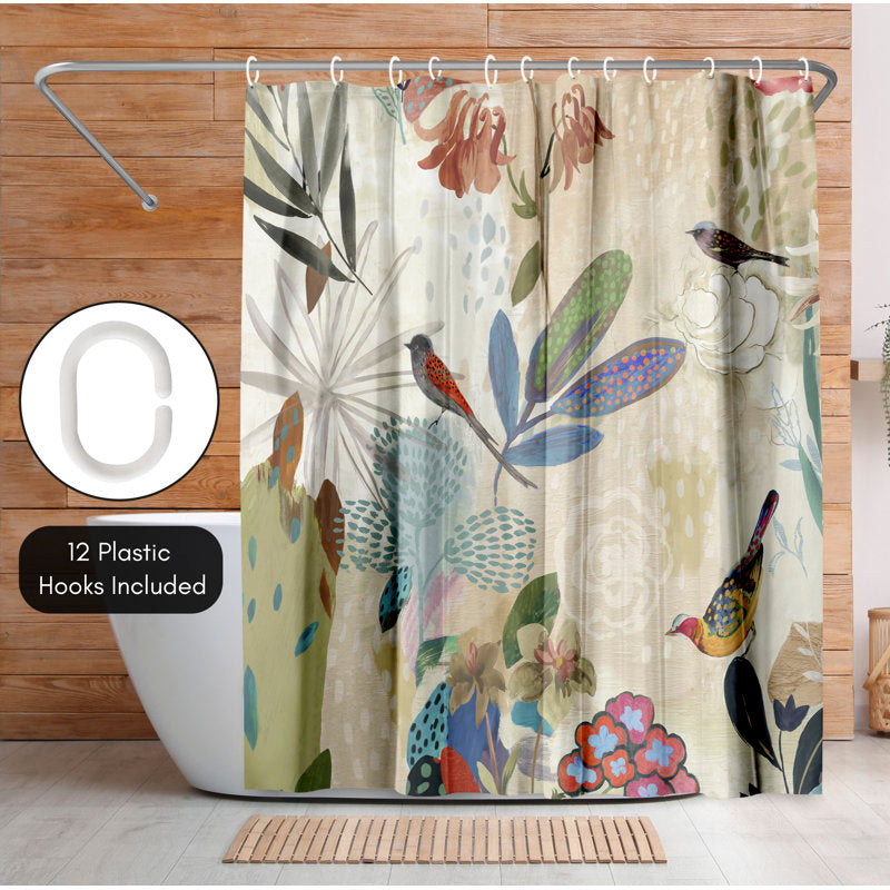 Floral Polyester Shower Curtain - Botanical Bird Print Bathroom Decor