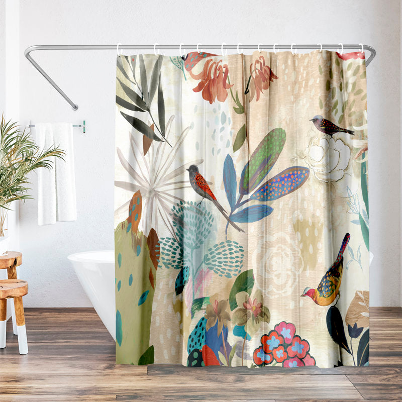 Floral Polyester Shower Curtain - Botanical Bird Print Bathroom Decor
