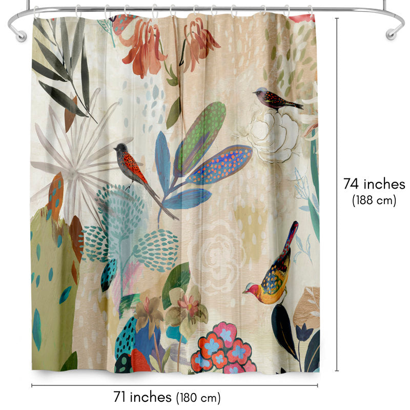 Floral Polyester Shower Curtain - Botanical Bird Print Bathroom Decor