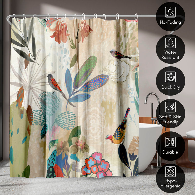Floral Polyester Shower Curtain - Botanical Bird Print Bathroom Decor