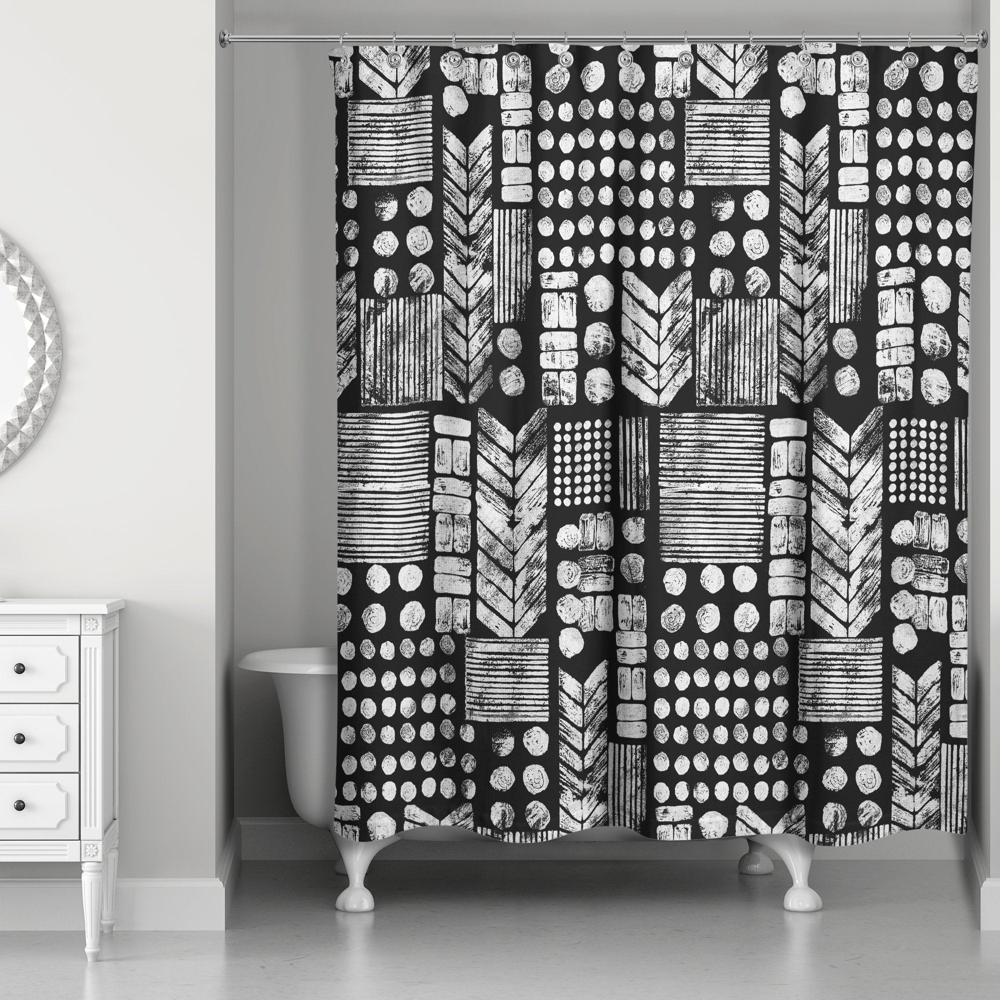 Geometric Shower Curtain - Modern Black & White Fabric for Bathroom