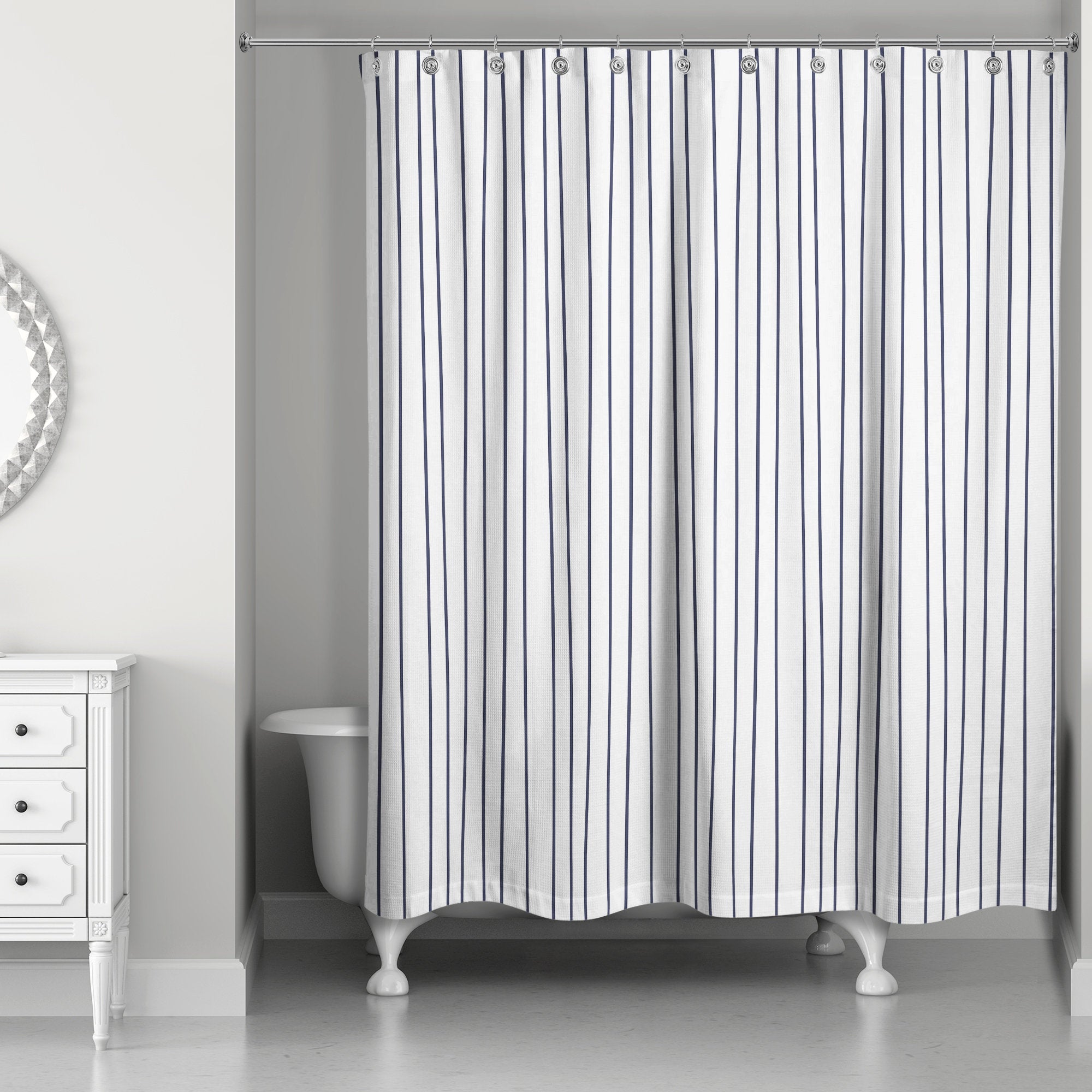 Striped Polyester Shower Curtain - Navy Blue Bathroom Decor