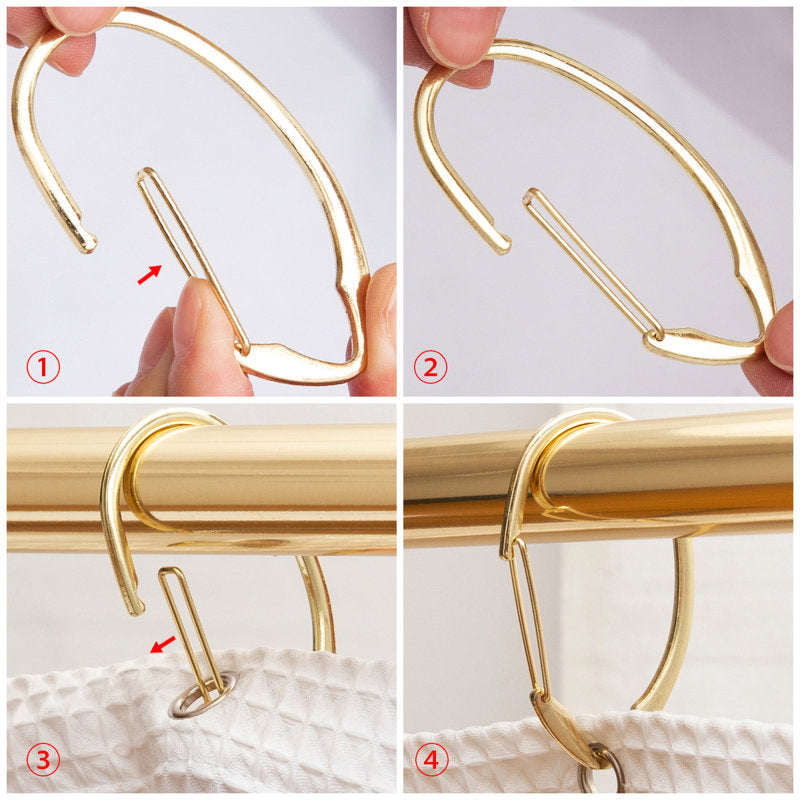 Gold Zinc Alloy Shower Curtain Hooks - Set of 12 Bathroom Rings