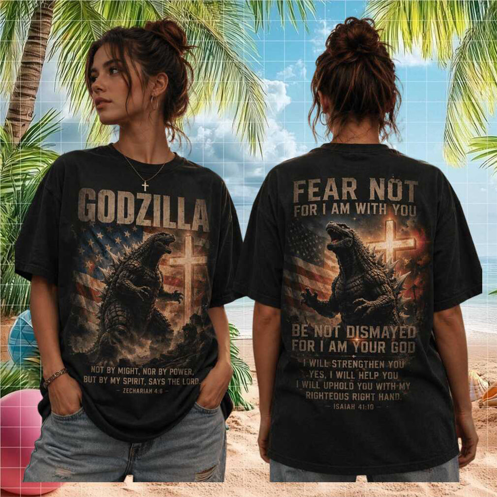 Godzilla Christian Bible Verse Cross American Flag Faith Shirt Godzilla Merch Gift For Fans