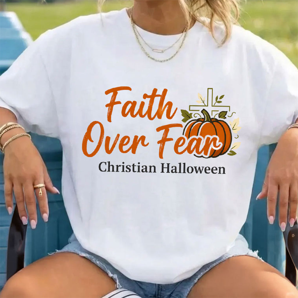 Faith Over Fear Pumpkin Cross Christian Halloween Fall T-Shirt Christian Shirt Spooky Gifts