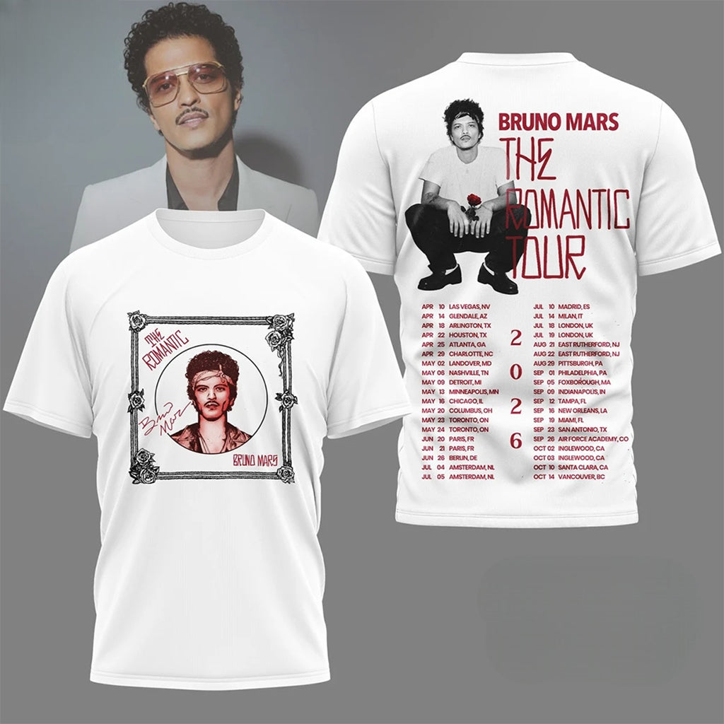 Bruno Mars The Romantic Tour 2026 Shirt White Bruno Mars Concert Merch Music Fan Gifts