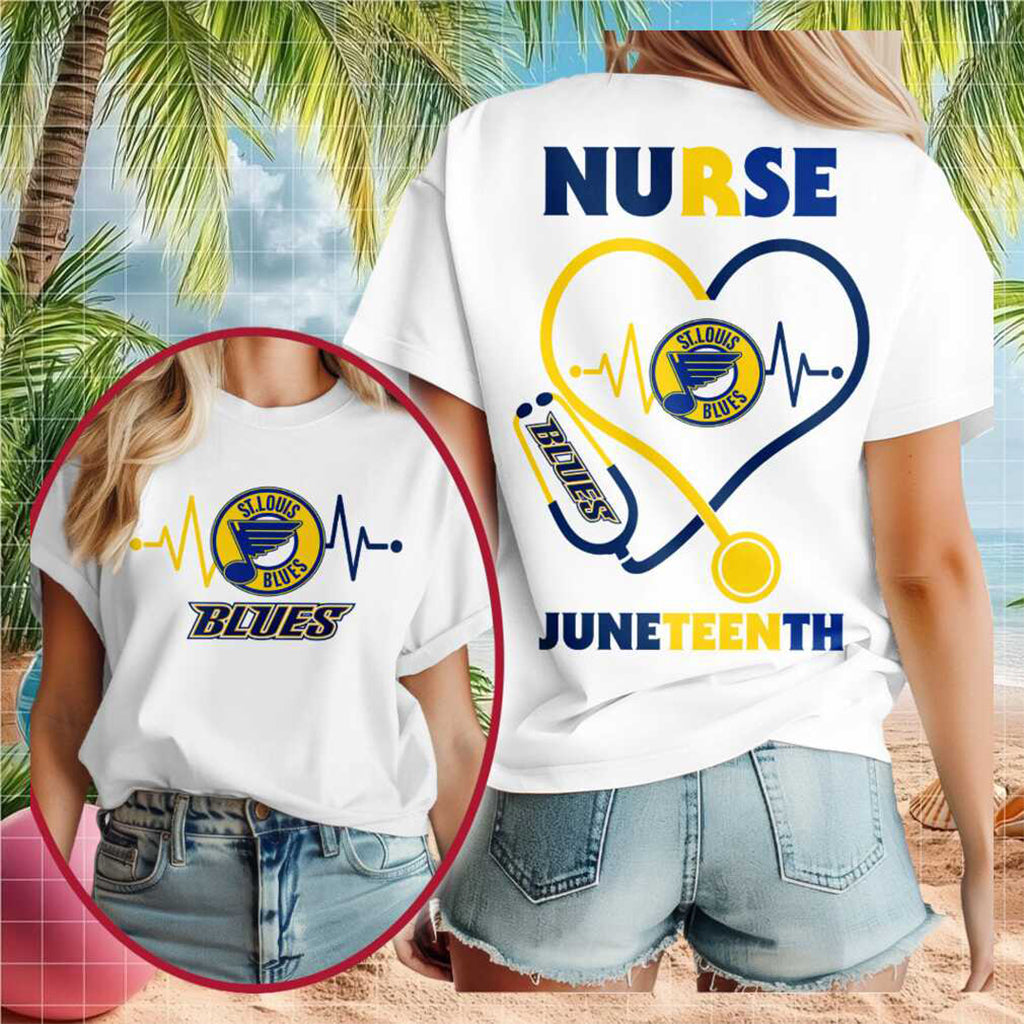 St Louis Blues Hockey Nurse Juneteenth 2026 Heart Stethoscope Shirt St Louis Blues Merch Gifts
