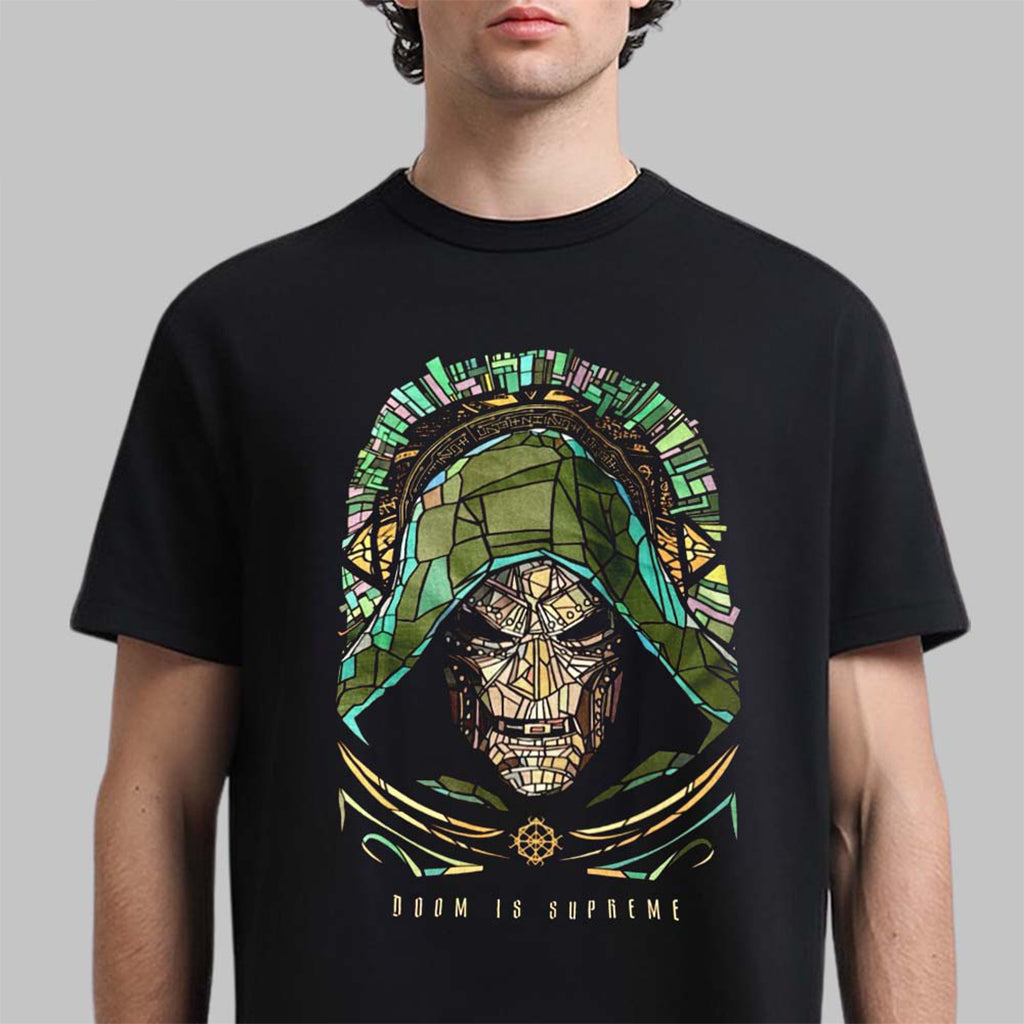 Marvel Dr Doom Stainglass Avengers Doomsday San Diego Comic Con 2026 Heroes And Villains T-Shirt