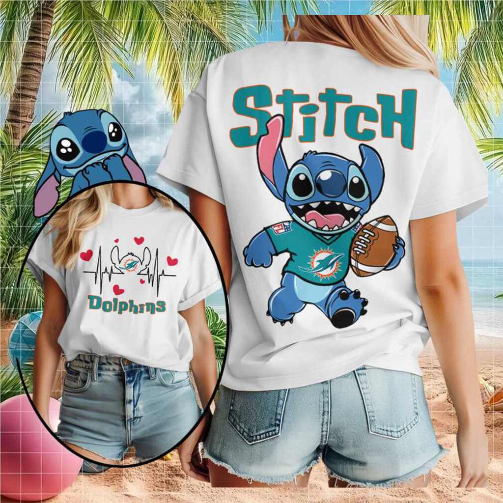 Miami Football Stitch Mascot Dolphin Heartbeat T-Shirt Miami Dolphins Merch Gift For Sport Fans
